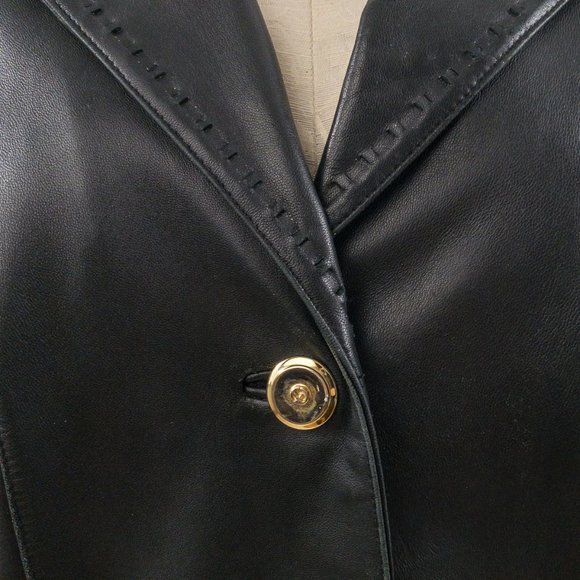St. John S/M Leather Blazer Jacket Black Vintage - Picture 2 of 12